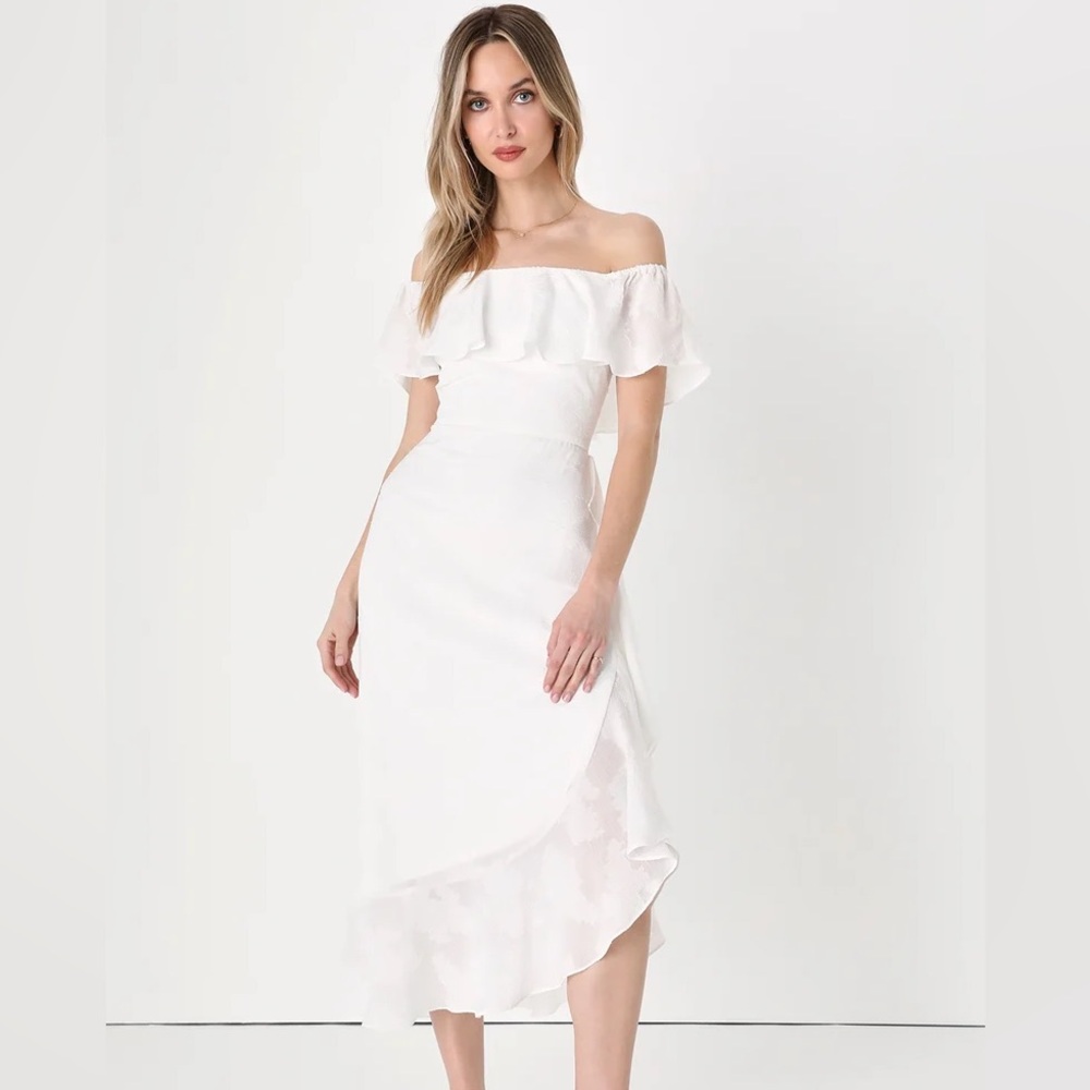 Lulus Pretty Perfect White Burnout Floral Off the shoulder ruffle midi dress